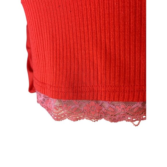 Womens Long Sleeve Ribbed Cropped Top Medium Lace Trim Red Y2K Skater - Picture 4 of 4